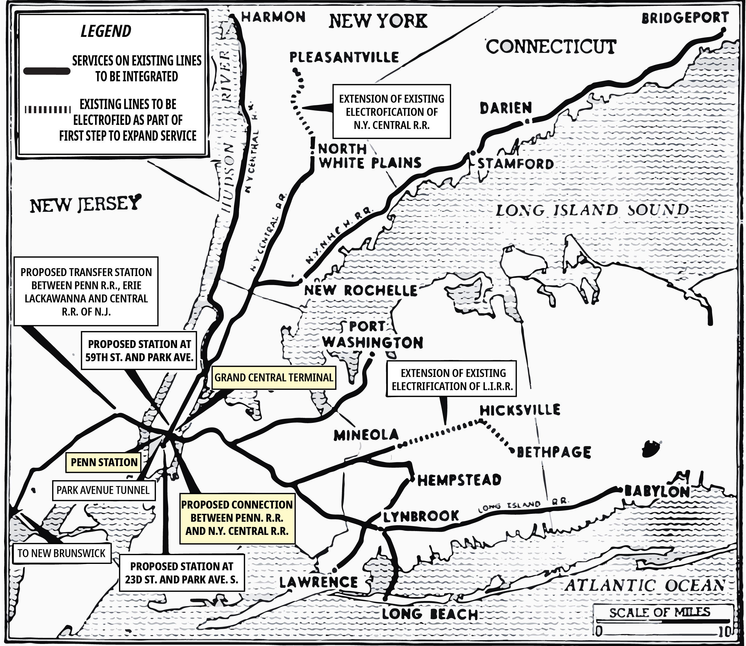 Map proposing new rail links in the New York tristate area from the 1963 Sunday News