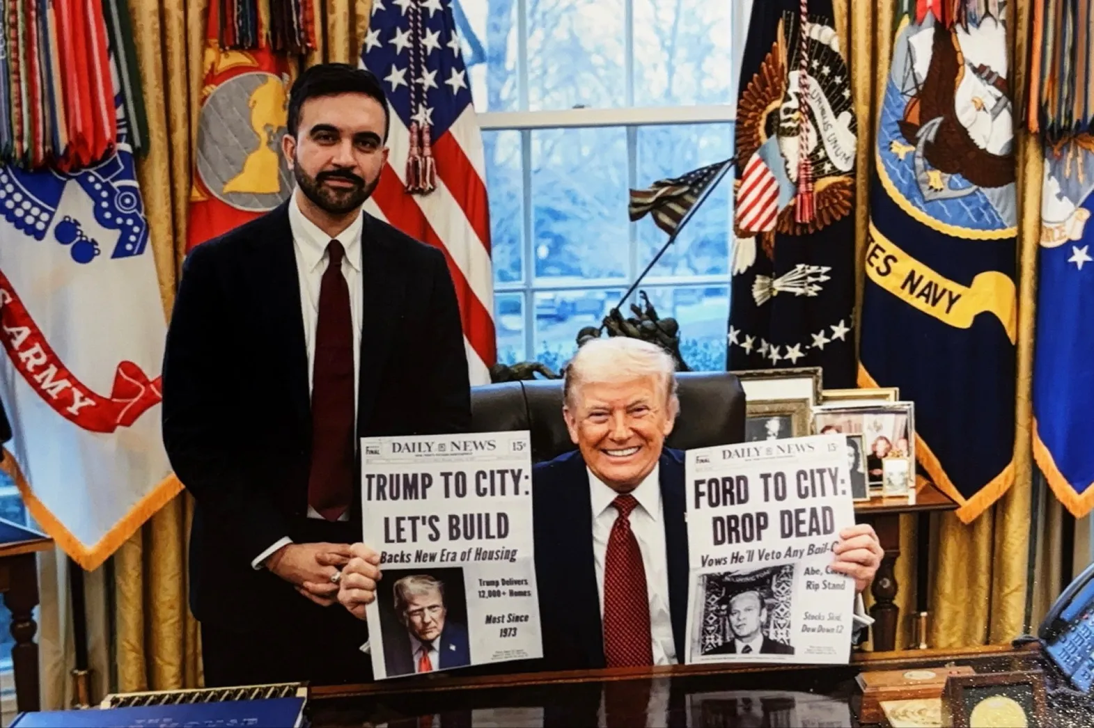 Mayor Mamdani and President Trump holding Daily News papers