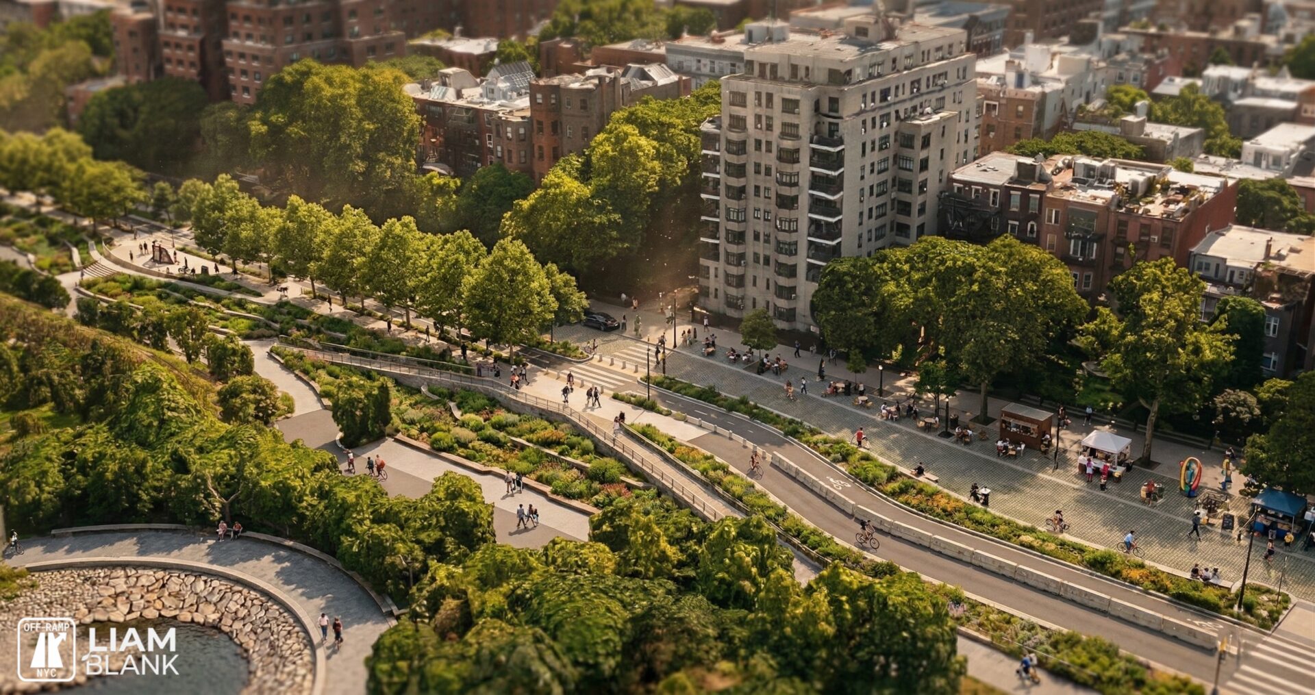Visualization of Brooklyn Bridge Park and the BQE corridor transformed with public space and improved urban connections.