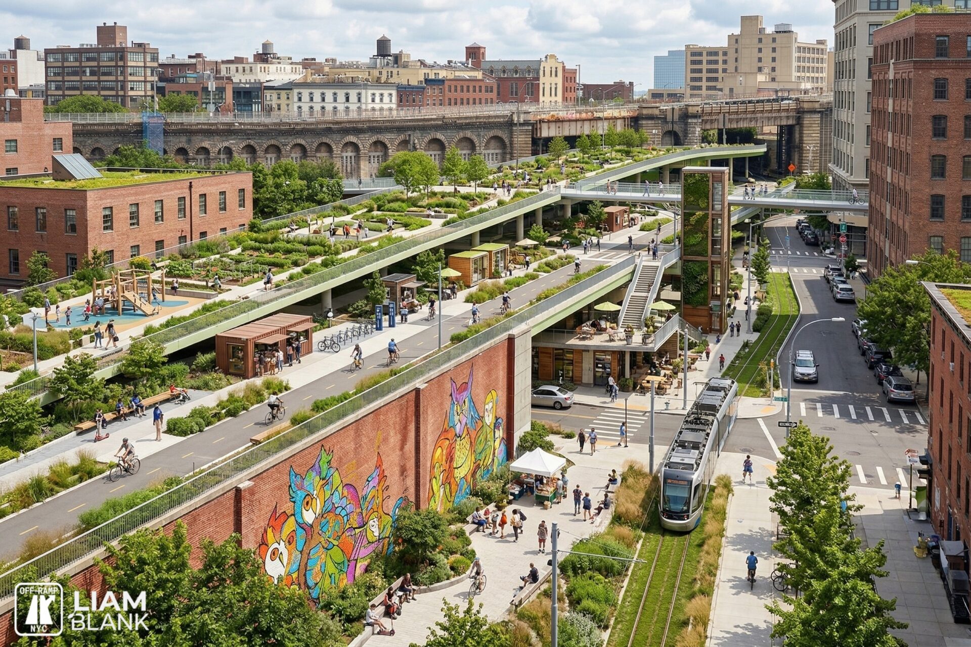 Visualization of the BQE through Downtown Brooklyn replaced by transit, open space, and new urban frontage.