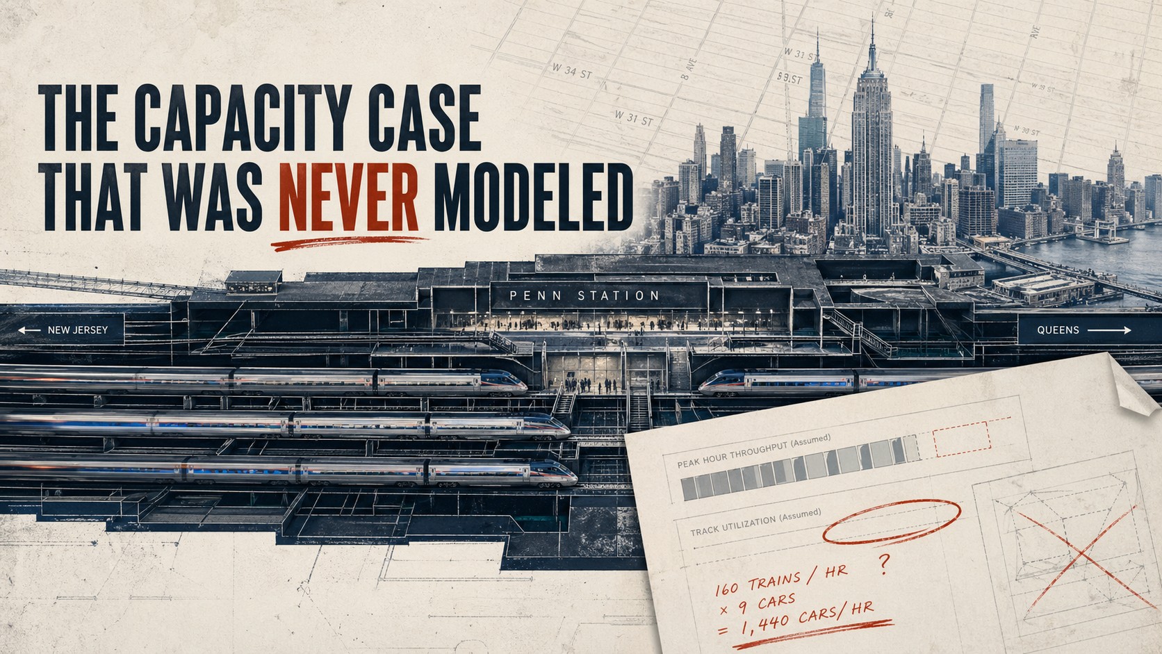 Featured image for a report on Penn Station capacity. A stylized cutaway illustration of Penn Station stretches across the frame, with trains moving through multiple tracks between labels for New Jersey on the left and Queens on the right. Above the station is a faded Midtown Manhattan skyline and street grid. Large headline text reads, “The Capacity Case That Was Never Modeled,” with “Never” highlighted in red. In the lower right, an angled sheet of paper shows rough charts and red handwritten notes questioning peak-hour throughput assumptions. The overall look is editorial and investigative, in muted blue-gray tones with red accents.