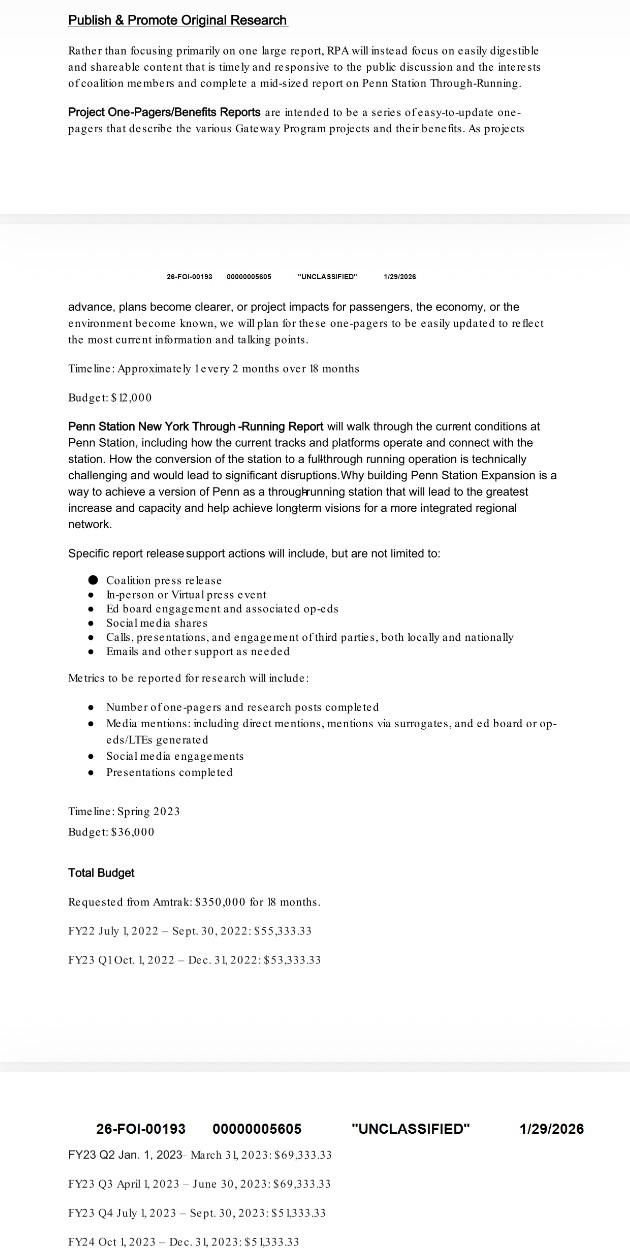 Amtrak budget document showing $350k for RPA report